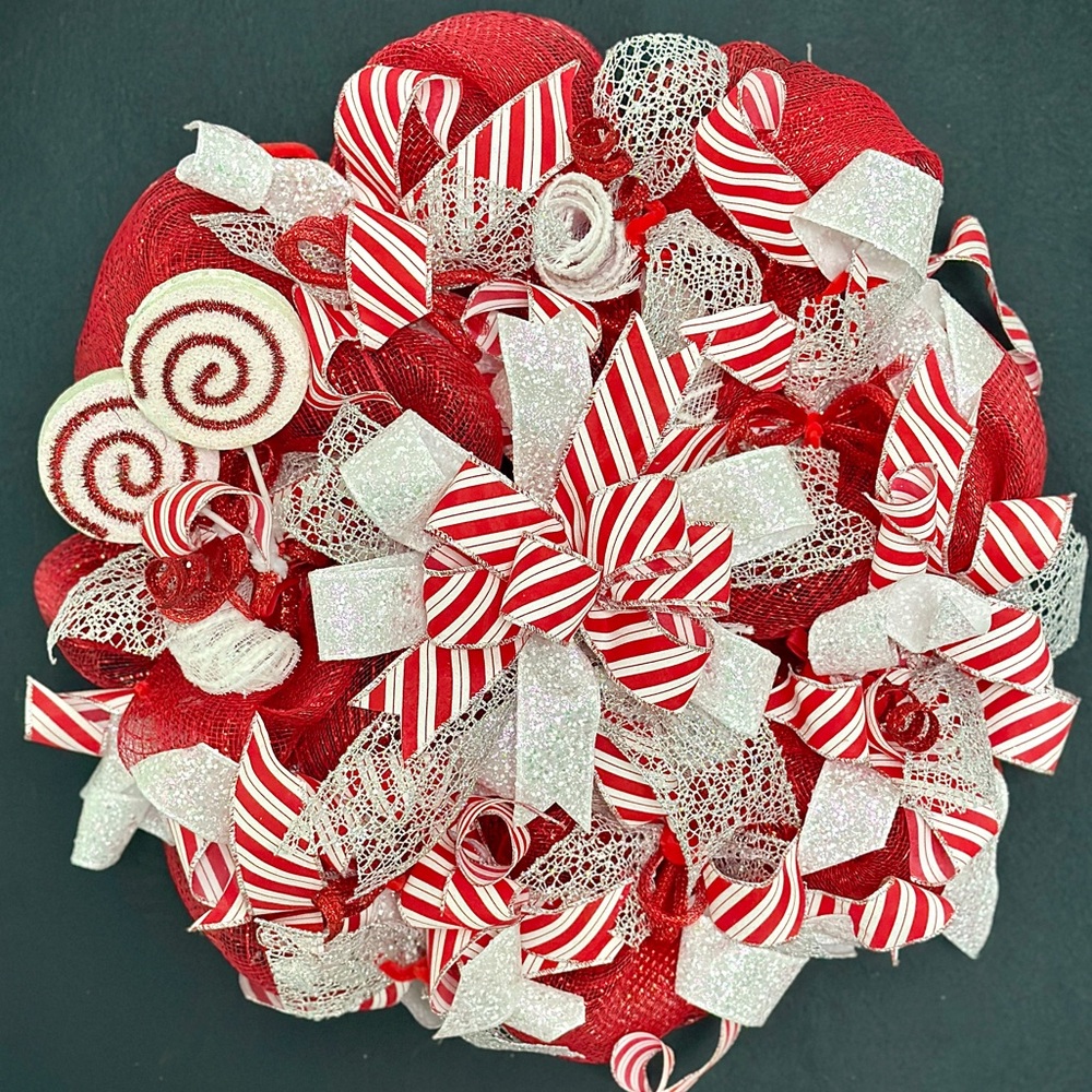 Peppermint Candy Cane Red and White Mesh Holiday Door Decor Handmade
